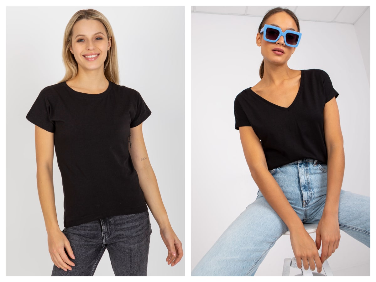 Czarne t shirty basic z dekoltem V